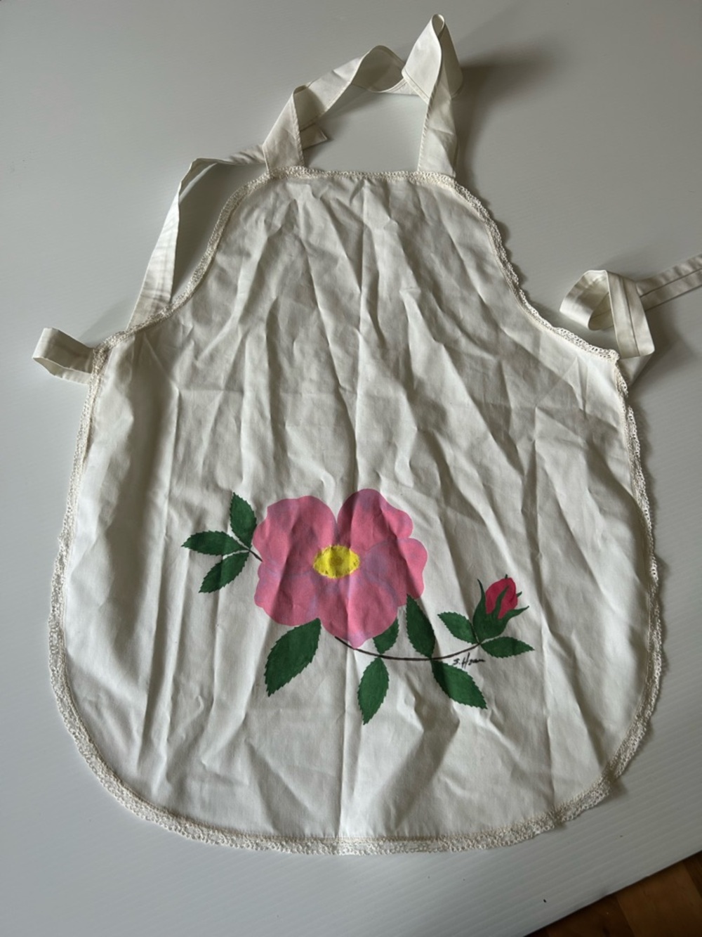 Vintage Floral Kitchen Apron -  Hand Painted Pink Rose